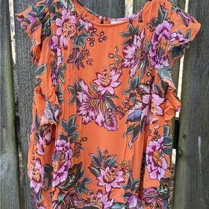 FARM Rio Orange Floral Ruffle Short Sleeve Blouse by Anthropologie M